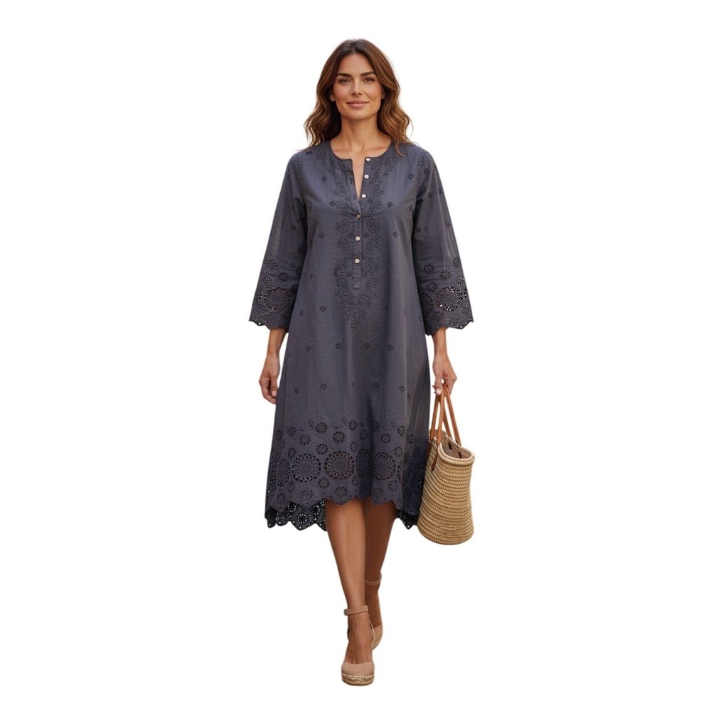 Christiane Celle Boho Blue 100% Cotton Eyelet Embroidered Tunic Dress M/L $225